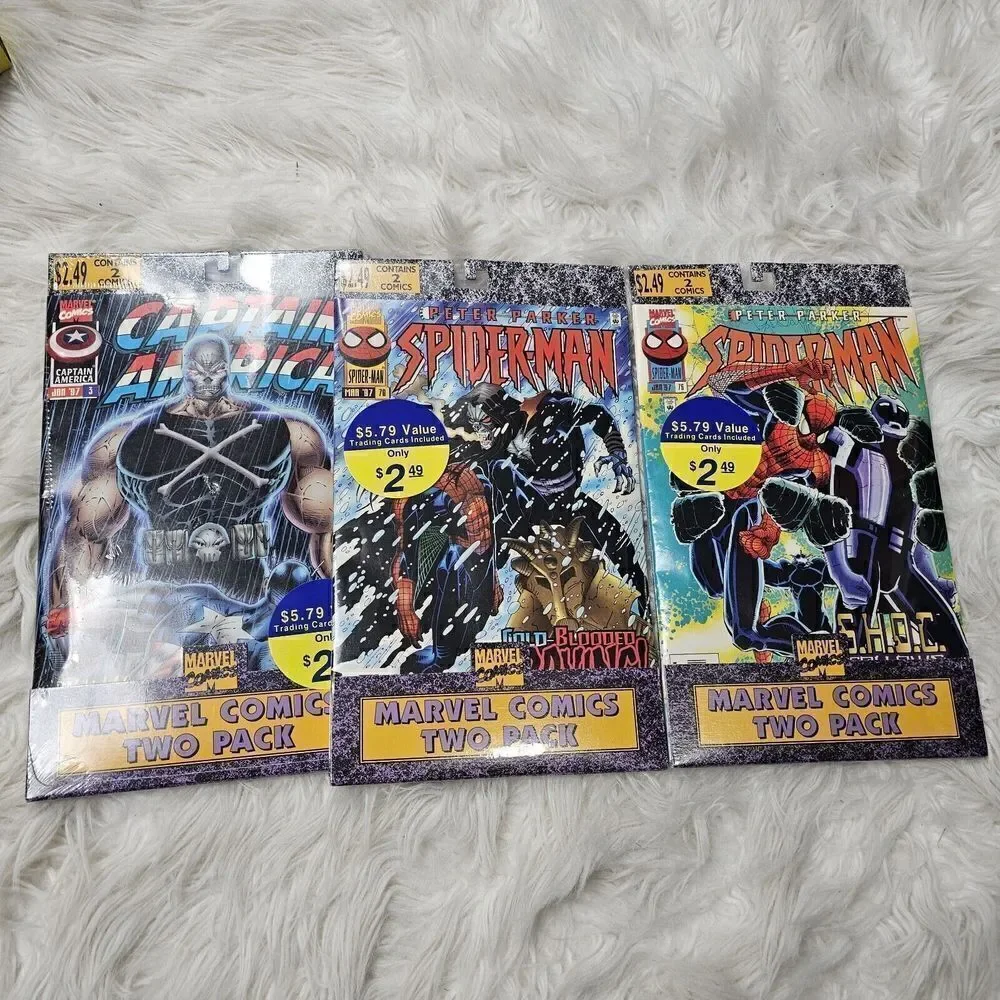 Lot Of 3 Comic 2 Packs Marvel With Trading Cards January 1997 Spider Man Captain